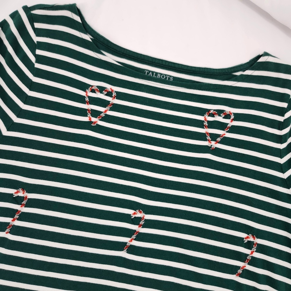 Talbots Womens Christmas Candy Cane Top Size L Green Stripe Festive Holiday